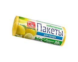 Мешки для мусора 30 л, ароматизированные, Лимон, желтые, в рулоне 20 шт., ПНД, 9 мкм, 560х530 мм, GRIFON Aroma, 101-020 Li в Домодедово